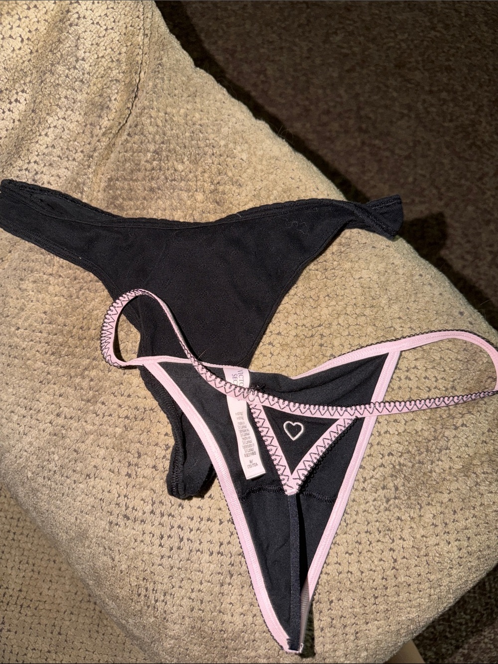 Victoria's Secret Black Thong Panty with Light Pink Trim